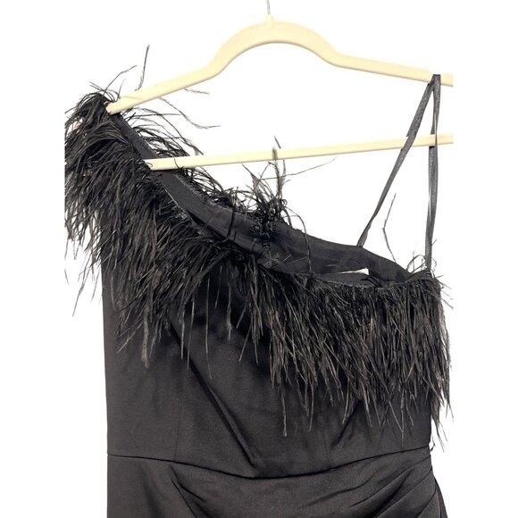 Mac Duggal 68147 Black Feather One Shoulder Midi Dress Cocktail Size 2 NEW - Picture 5 of 10